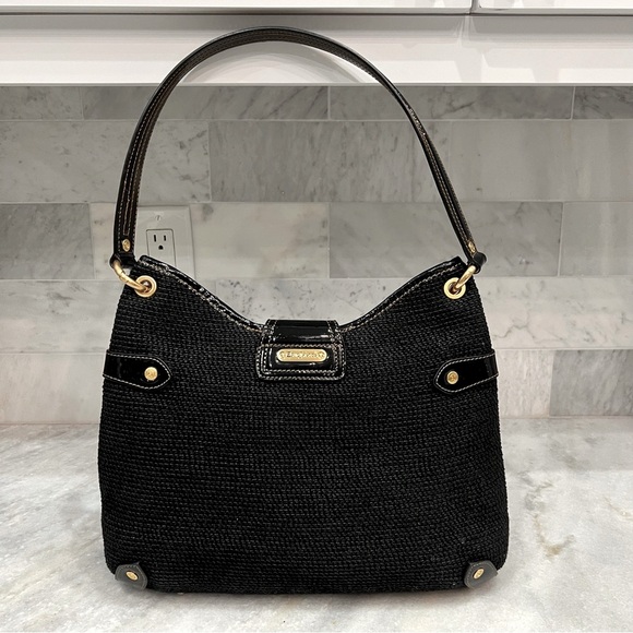 Eric Javits Shenia Black Woven Patent Leather Detail Bag - Picture 13 of 16